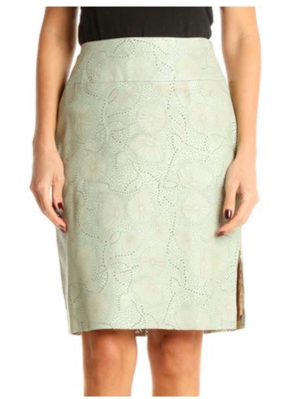 Kay Unger Leather Laser Cut Floral Knee Length Pencil Skirt Mint Green Tan Sz 6